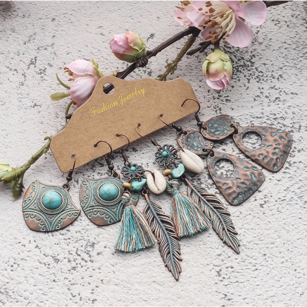B2G1 3 Pair Set Tribal Bohemian Statement Earrings